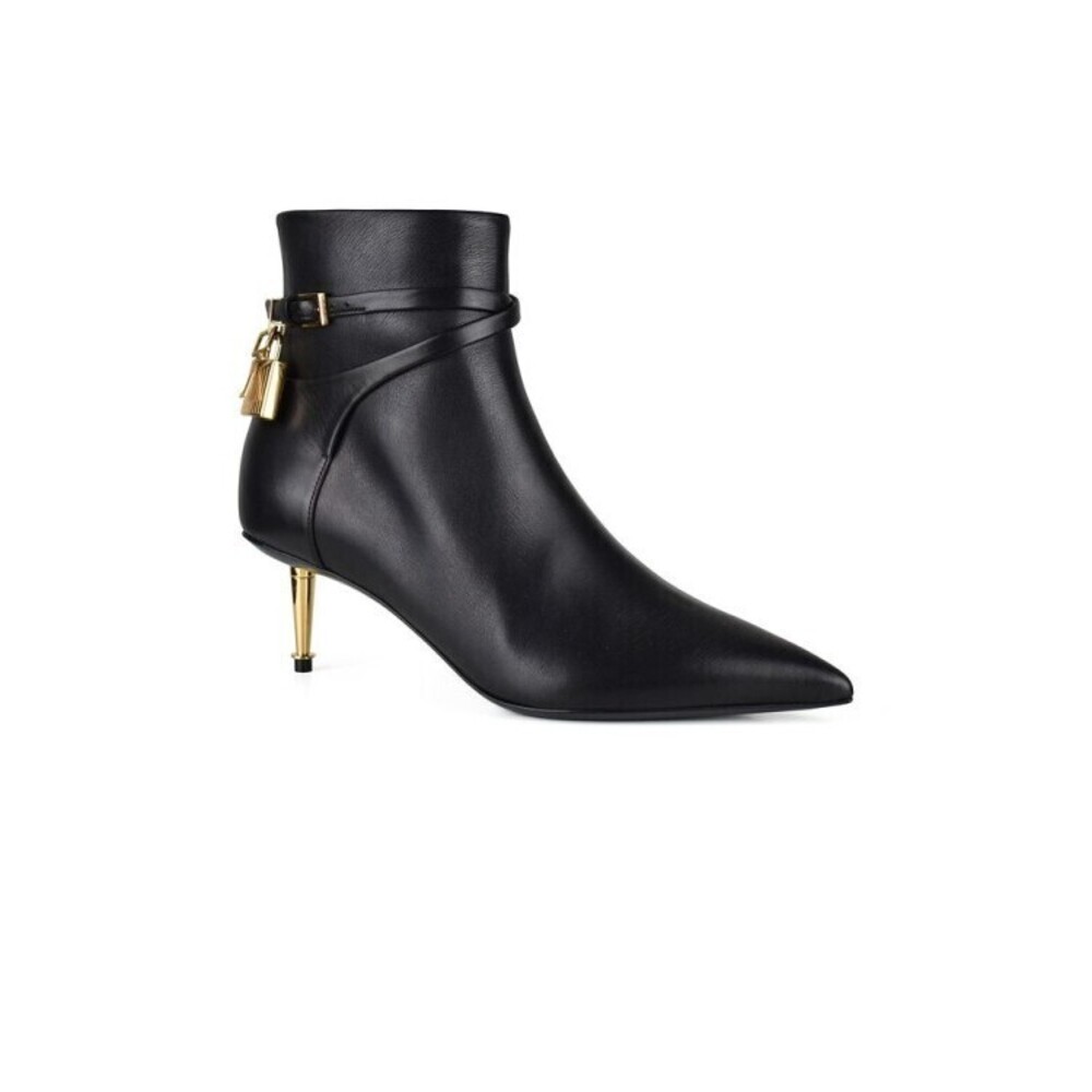 Tom Ford Pointed Black Leather Ankle Boots With Gold Lock Charm - NWT - Picture 2 of 3